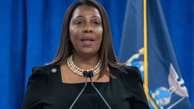 Letitia James, New York's attorney general, speaks during a news conference in New York, US, on Friday, Feb. 16, 2024. Donald Trump and his real estate company suffered a major defeat in New Yorks civil fraud suit over his inflated asset valuations, after a judge barred the former president from running any business in the state for three years and ordered the return of $364 million in illegal profits.