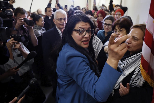 Rep. Rashida Tlaib (D-MI) greets demonstrators with Code Pink for Peace outside her office in the Rayburn House Office Building as they rallied on Capitol Hill in support of Palestinians and to demand a cease fire in Gaza on February 15, 2024 in Washington, DC.