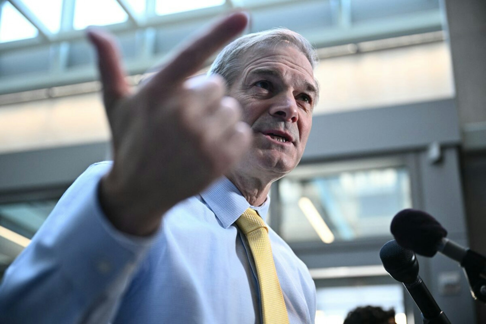 US House Judiciary Committee chairman Representative Jim Jordan, Republican of Ohio, speaks to reporters ahead of the deposition of James Biden, brother of US President Joe Biden, before the House Oversight and Judiciary Committees on President Biden's impeachment inquiry in Washington, DC, February 21, 2024.