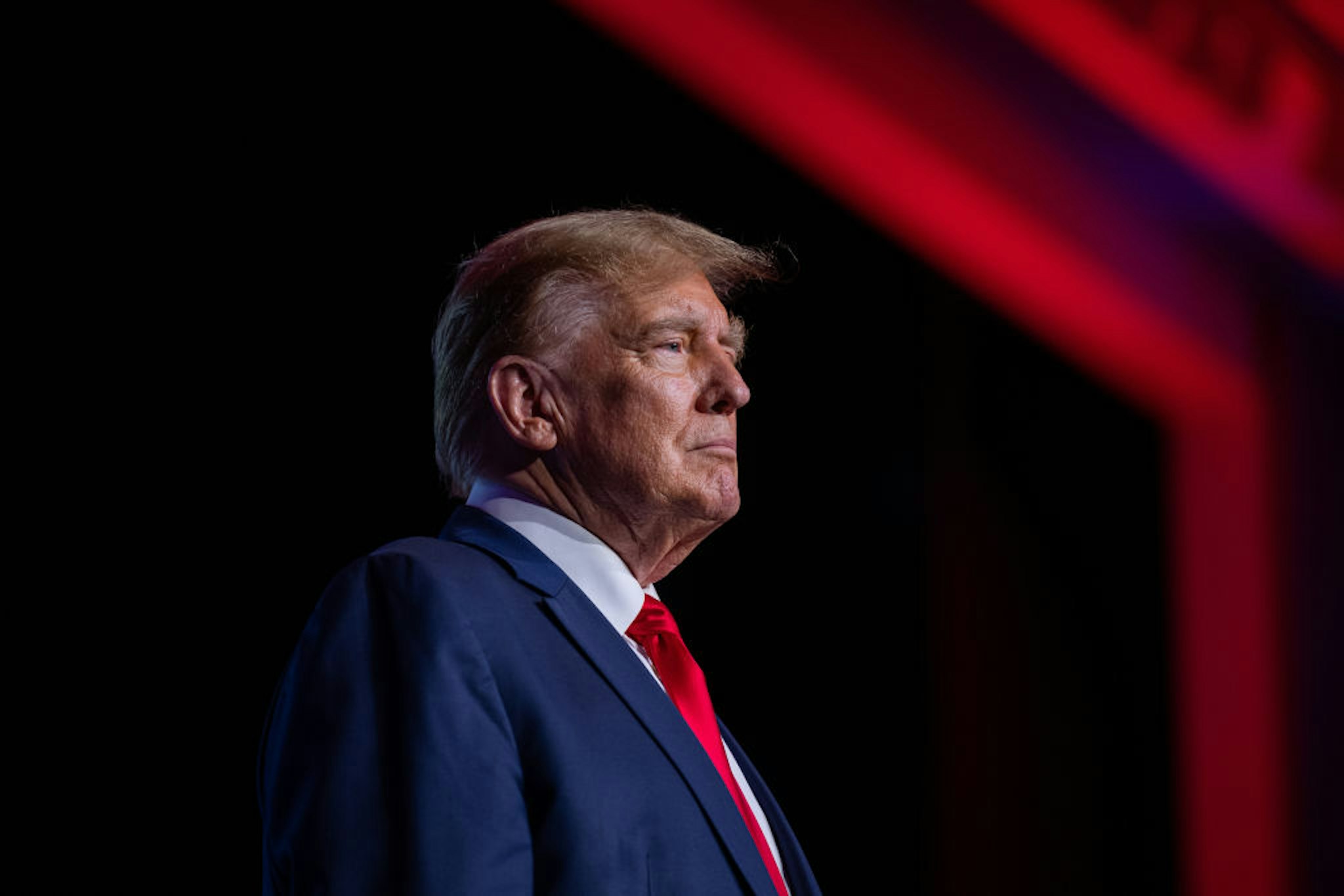 NASHVILLE, TENNESSEE - FEBRUARY 22: Republican presidential candidate, former U.S. President Donald Trump, stands on stage during the 2024 NRB International Christian Media Convention Presidential Forum at The Gaylord Opryland Resort and Convention Center on February 22, 2024 in Nashville, Tennessee. Trump's appearance comes shortly after judge Arthur Engoron, who is presiding over Trump's $355 million civil fraud case in New York, denied the former president's request to delay the judgment for a month.