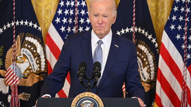 US President Joe Biden pauses during his speech to a bipartisan group of governors in the East Room of the White House in Washington, DC, during the National Governors Association Winter Meeting, on February 23, 2024.