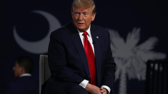 GREENVILLE, SOUTH CAROLINA - FEBRUARY 20: Republican presidential candidate, former U.S. President Donald Trump speaks during a Fox News town hall at the Greenville Convention Center on February 20, 2024 in Greenville, South Carolina. South Carolina holds its Republican primary on February 24.