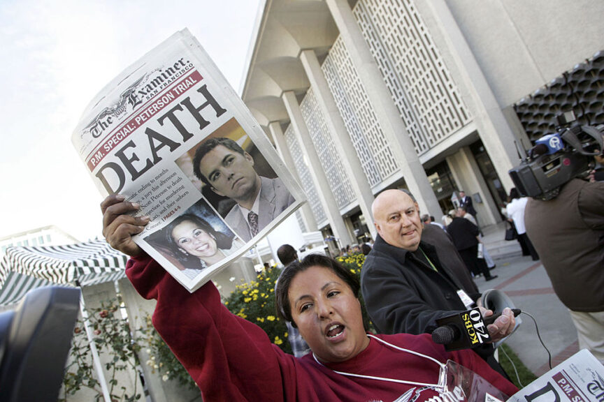 REDWOOD CITY, CA - DECEMBER 13: Edie Alejandre, a carrier for the San Francisco Examiner, hands out copies of the newspaper's special edition which headlines the sentence of death in the Scott Peterson Trial outside the San Mateo County Courthouse December 13, 2004 in Redwood City, California. Peterson was convicted of two counts of murder in the deaths of his wife Laci Peterson and their unborn child. (Photo by Justin Sullivan/Getty Images)