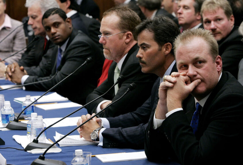WASHINGTON - MARCH 17: (R to L) Boston Red Sox pitcher Curt Schilling, Rafael Palmeiro of the Baltimore Orioles, former St. Louis Cardinals Mark McGwire and Sammy Sosa of the Baltimore Orioles listen to testimony the House Committee hearing investigating steroid use in baseball on Capitol Hill March 17, 2005 in Washington, DC. Major League Baseball (MLB) Commissioner Allen "Bud" Selig will give testimony regarding MLB?s efforts to eradicate steriod usage among its players. (Photo by Win McNamee/Getty Images)