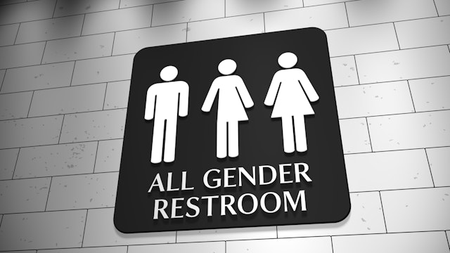 Thomas Faull. Getty Images. A sign on a wall for "All Gender Restroom" with symbols for men, trans and women. LGBT issue.