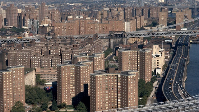 NEW YORK, NY - CIRCA 1977: Overhead view of some New York City Housing Authority (NYCHA) projects (1977) circa 1977 in New York City. (Photo by PL Gould/IMAGES/Getty Images)
