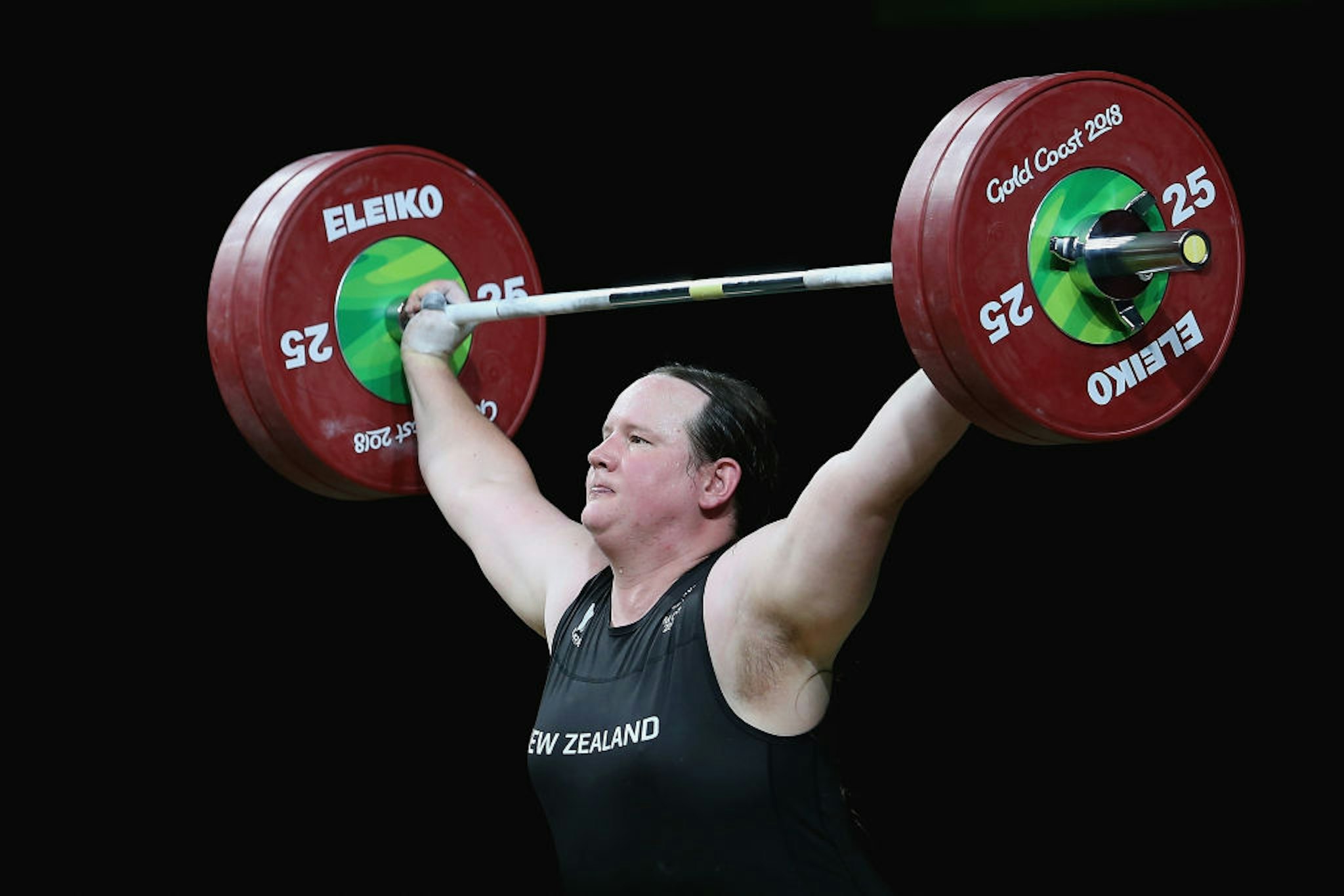 GOLD COAST, AUSTRALIA - APRIL 09: Laurel Hubbard of New Zealand competes in the Women's 90kg Final during Weightlifting on day five of the Gold Coast 2018 Commonwealth Games at Carrara Sports and Leisure Centre on April 9, 2018 on the Gold Coast, Australia. (Photo by Alex Pantling/Getty Images)