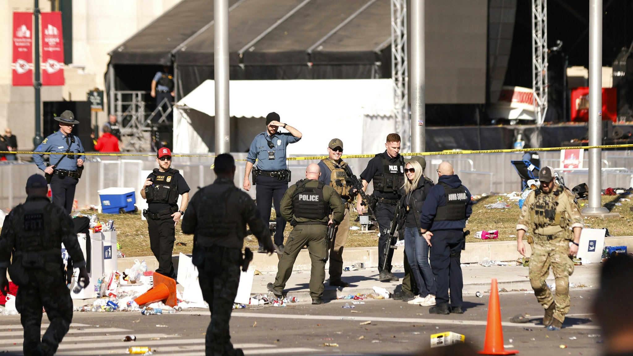 KANSAS CITY, MISSOURI - FEBRUARY 14: Law enforcement respond to a shooting at Union Station during the Kansas City Chiefs Super Bowl LVIII victory parade on February 14, 2024 in Kansas City, Missouri. Several people were shot and two people were detained after a rally celebrating the Chiefs Super Bowl victory.