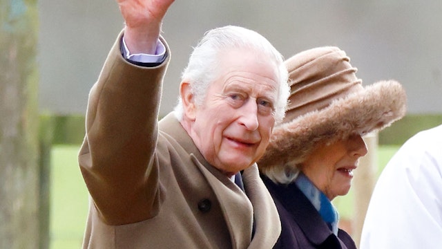 SANDRINGHAM, UNITED KINGDOM - FEBRUARY 04: (EMBARGOED FOR PUBLICATION IN UK NEWSPAPERS UNTIL 24 HOURS AFTER CREATE DATE AND TIME) King Charles III and Queen Camilla attend the Sunday service at the Church of St Mary Magdalene on the Sandringham estate on February 4, 2024 in Sandringham, England. The King was discharged from hospital last Monday after spending three nights in The London Clinic following a corrective procedure for an enlarged prostate.