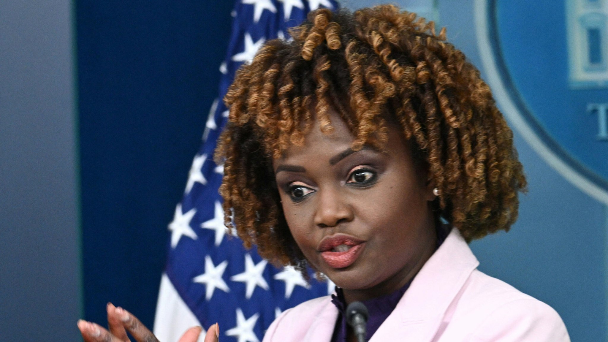 White House Press Secretary Karine Jean-Pierre speaks during the daily press briefing in the Brady Press Briefing Room of the White House in Washington, DC, February 6, 2024.