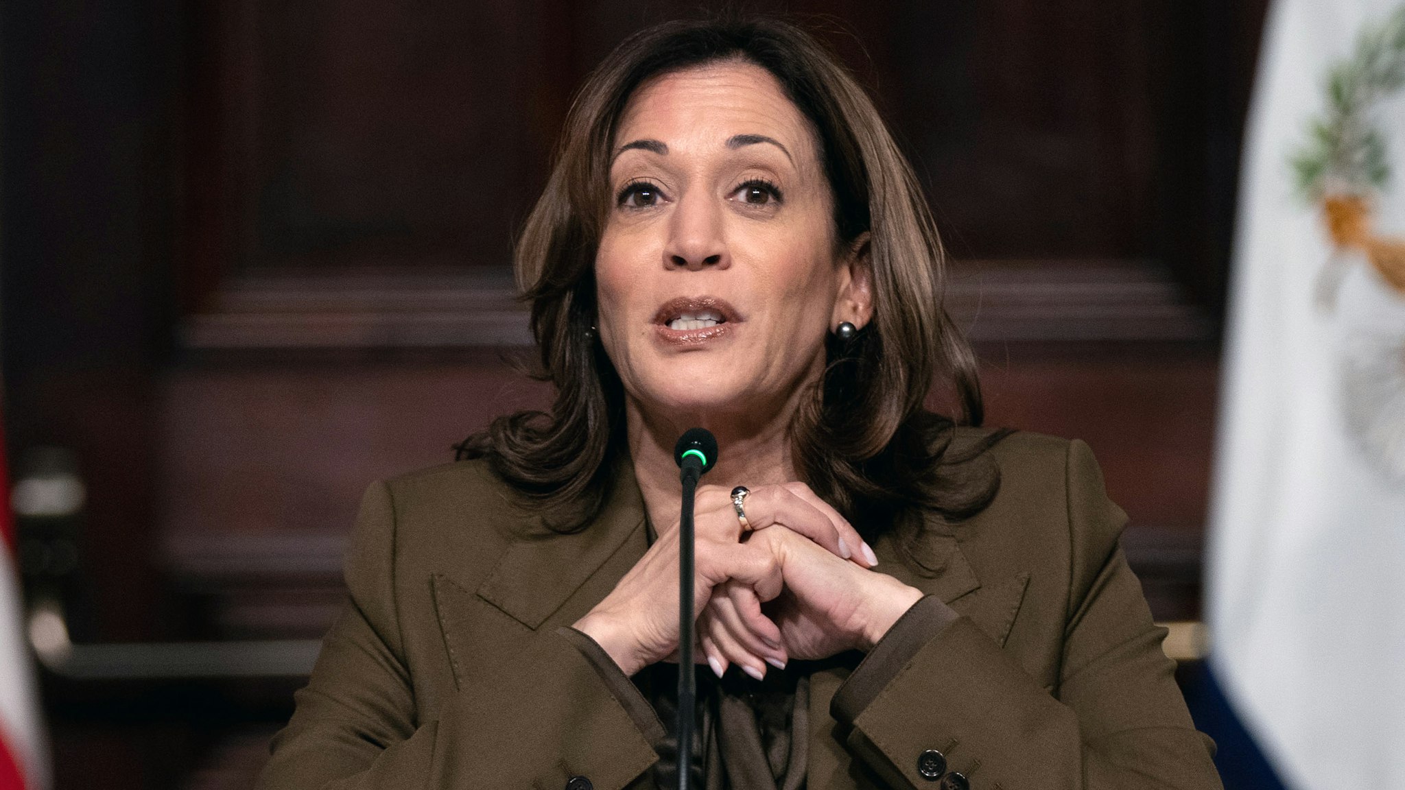 US Vice President Kamala Harris during a meeting in the Indian Treaty Room of the White House in Washington, DC, US, on Tuesday, Feb. 27, 2024. Harris met with voting rights leaders to discuss the fight for voting rights and other fundamental freedoms.