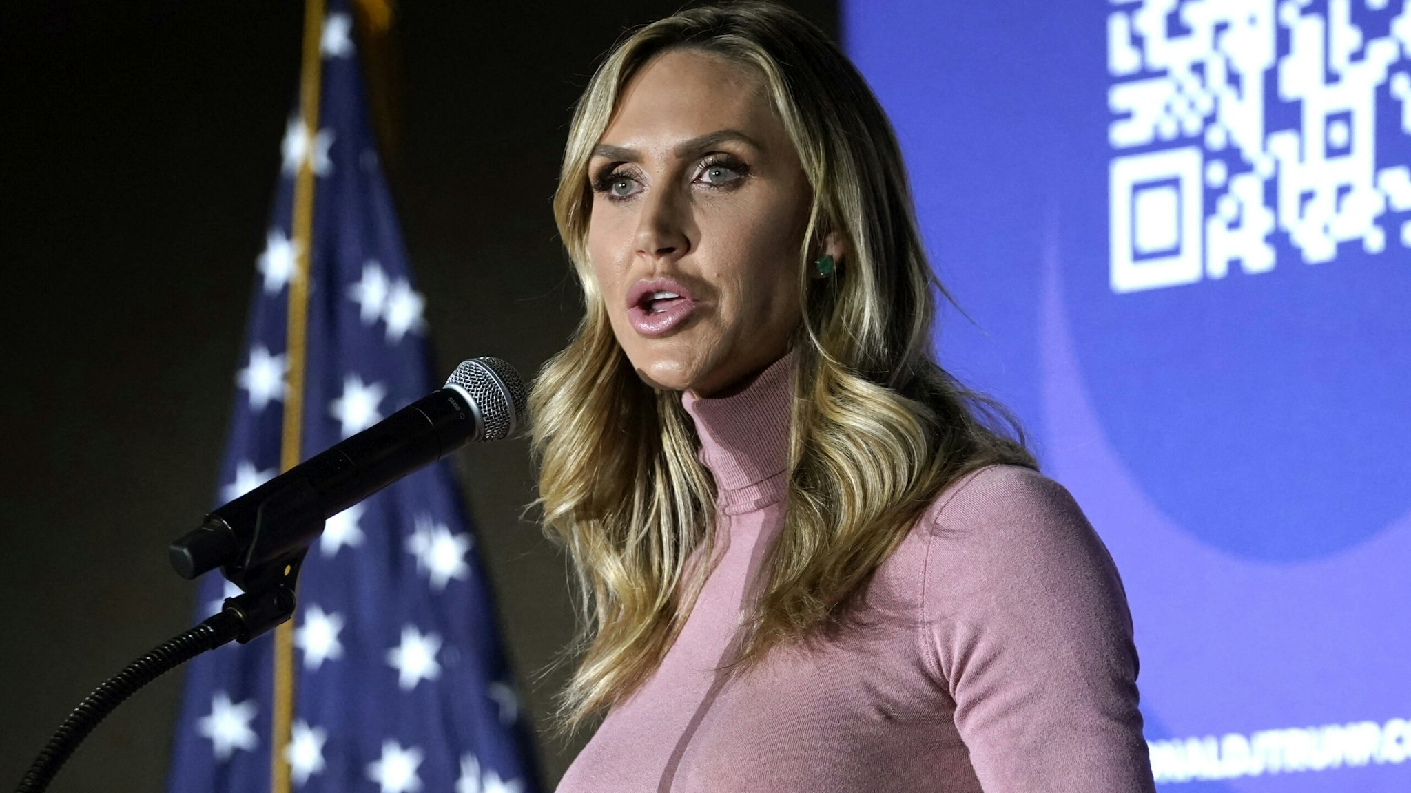 Lara Trump, daughter-in-law to former US President and 2024 presidential hopeful Donald Trump, speaks at a VFW Hall in Beaufort, South Carolina on February 21, 2024.