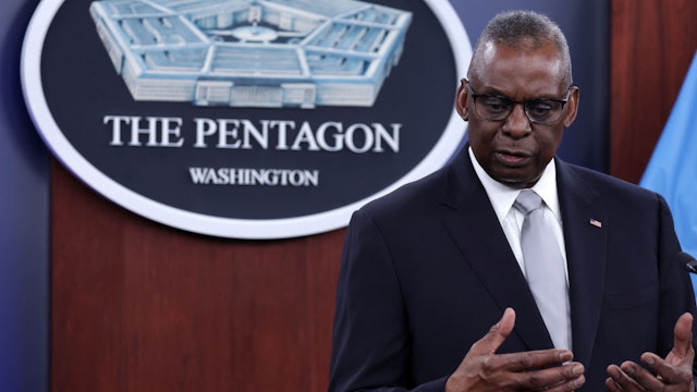U.S. Secretary of Defense Lloyd Austin speaks during a news conference at the Pentagon on February 1, 2024 in Arlington, Virginia. (Photo by Alex Wong/Getty Images)