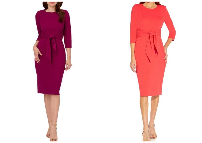 Adrianna Papell, Women's Knit Crepe Tie Waist Sheath Dress, Color: Wildberry. Retrieved from Belk.com.Adrianna Papell, Tie Waist Crepe Sheath Dress, Color: Vibrant Coral. Retrieved from Nordstrom.com.