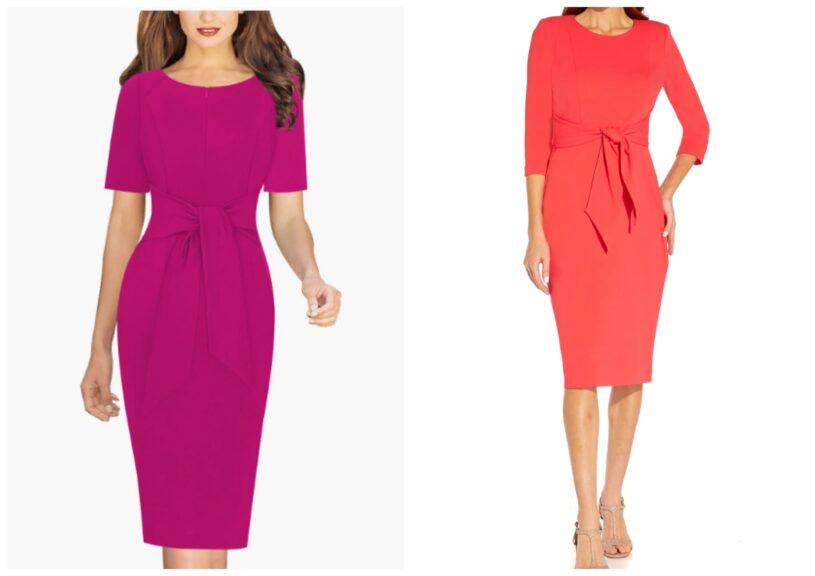 VFSHOW Womens Front Zipper Tie Waist Slim Work Business Office Bodycon Pencil DressColor: Hot Pink. Retrieved from Amazon.com.
Adrianna Papell, Tie Waist Crepe Sheath Dress, Color: Vibrant Coral. Retrieved from Nordstrom.com.