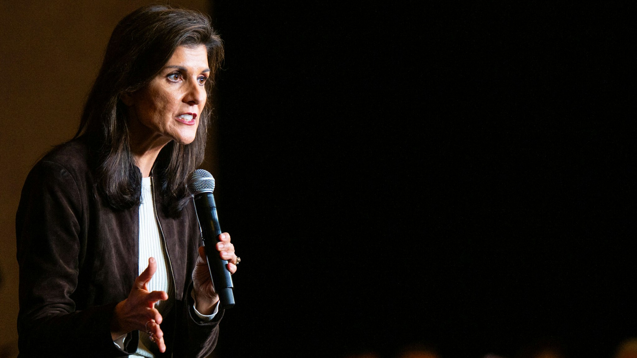 SPARTANBURG, SOUTH CAROLINA - FEBRUARY 05: Republican presidential candidate, former U.N. Ambassador Nikki Haley speaks during a campaign rally at the Indigo Hall and Events venue on February 05, 2024 in Spartanburg, South Carolina. The former South Carolina governor continues campaigning across her home state in the race against former President Donald Trump ahead of the state's Republican primary on February 24.