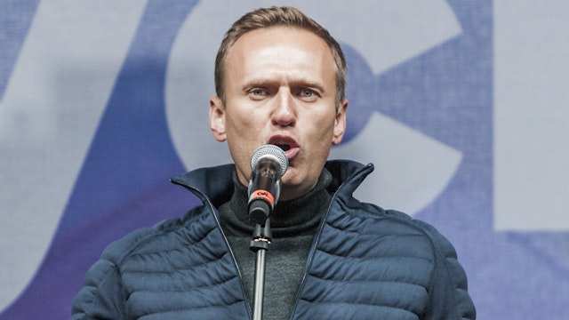 Alexei Navalny gives an speech during a demonstration for the release of the arrested activists during the summer riots in Moscow, on September 29, 2019.