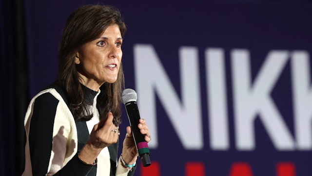 TROY, MICHIGAN - FEBRUARY 25: Republican presidential candidate, former U.N. Ambassador Nikki Haley speaks during a campaign event at the Detroit Marriott Troy on February 25, 2024 in Troy, Michigan. Michigan holds its Republican primary on February 27.