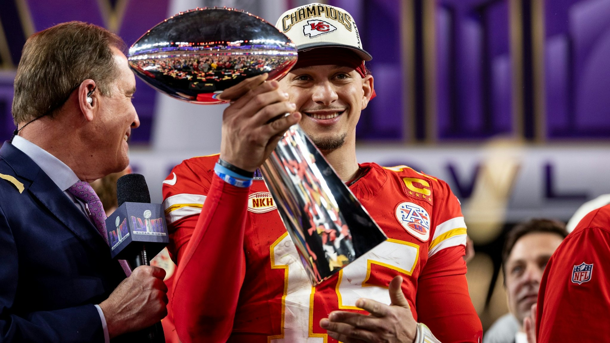 Patrick Mahomes #15 of the Kansas City Chiefs celebrates with the Vince Lombardi Trophy following the NFL Super Bowl 58 football game between the San Francisco 49ers and the Kansas City Chiefs at Allegiant Stadium on February 11, 2024 in Las Vegas, Nevada.