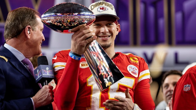 Patrick Mahomes #15 of the Kansas City Chiefs celebrates with the Vince Lombardi Trophy following the NFL Super Bowl 58 football game between the San Francisco 49ers and the Kansas City Chiefs at Allegiant Stadium on February 11, 2024 in Las Vegas, Nevada.
