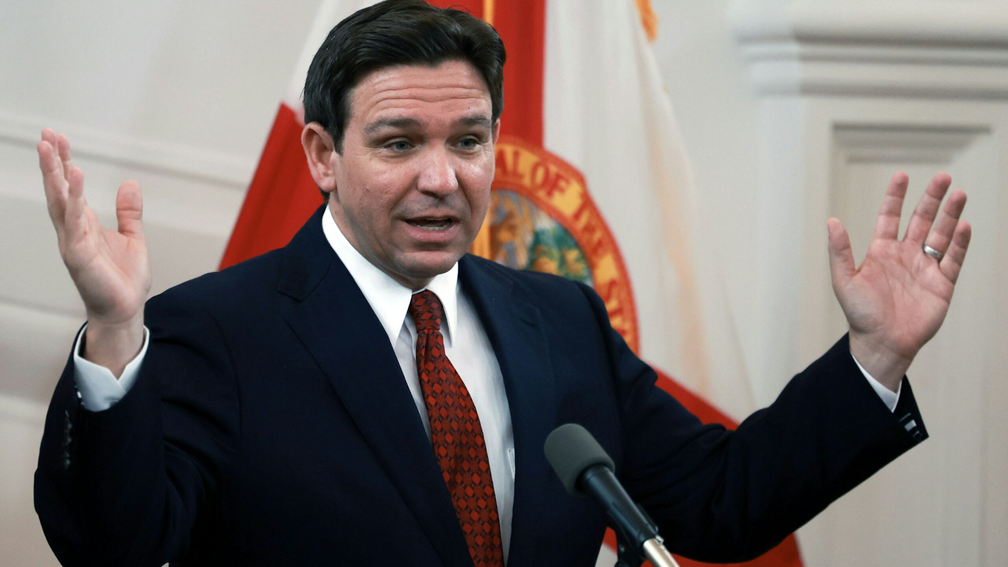 MIAMI BEACH, FLORIDA - FEBRUARY 05: Florida Gov. Ron DeSantis speaks during a news conference on February 05, 2024 in Miami Beach, Florida. Among other topics, he addressed the upcoming influx of spring breakers and assured the public that law enforcement officials and resources were available to maintain order if needed.