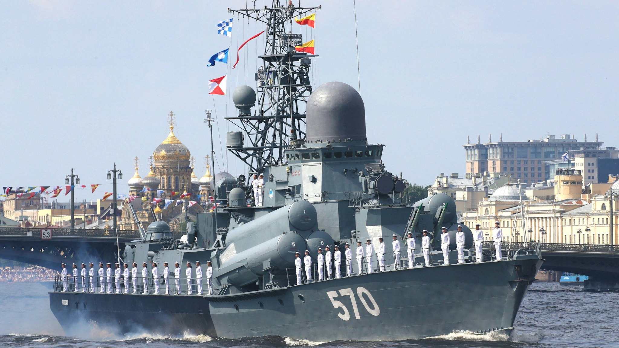 SAINT PETERSBURG, RUSSIA - JULY 28: (RUSSIA OUT) Karakurt-class corvette "Sovetsk" arrives to the Navy Day Parade on July 28, 2019 in Central Saint Petersburg, Russia.