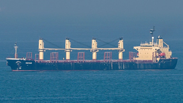 Cargo ship Rubymar, carrying Ukrainian grain, sails at the entrance of Bosphorus, in the Black Sea off the coast off Kumkoy, north of Istanbul, on November 2, 2022. - President Recep Tayyip Erdogan said the traffic of vessels carrying Ukrainian grain and other agricultural products resumed on November 2, 2022, after a telephone call between the Turkish and Russian defence ministers. Russian Defence Minister Sergei Shoigu called Turkish counterpart Hulusi Akar to inform that "the grain shipments will continue from 12.00 today as planned before," Erdogan said in parliament.