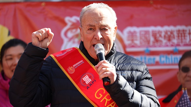 NEW YORK, NEW YORK - FEBRUARY 25: Sen. Chuck Schumer (D-NY) speaks as he participates in the annual Lunar New Year parade in Chinatown on February 25, 2024 in New York City. People gathered to enjoy and celebrate the 26th annual Lunar New Year parade, commemorating the end of the 15 days honoring the first new moon on the lunar calendar. 2024 is the “Year of the Dragon.”