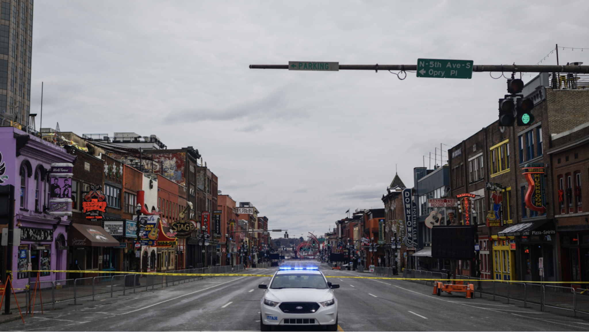 NASHVILLE, Tenn. - Dec.25, 2020: Police block off Nashvilles iconic Broadway while investigating an explosion in downtown Nashville that is believed to be intentional.