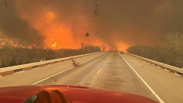 A view of the Smokehouse Creek fire from a fire truck at the Texas panhandle region in Texas, United States on February 29, 2024. (Photo by Greenville Firefighter Association/ Handout /Anadolu via Getty Images)