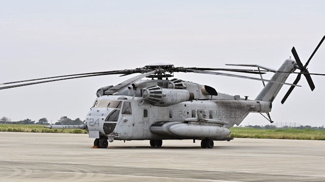 KISARAZU, JAPAN - JUNE 16: The U.S. Marine Corps' Sikorsky CH-53E Super Stallion helicopter is seen during the U.S. and Japan militaries' joint training exercise in Kisarazu, Japan on June 16, 2022. Participants - including senior leaders from 18 militaries, representatives of nations from North America, Asia, South America, Australia, and Europe, allied and partner marine forces, naval infantries and littoral militaries - visit a Japan Self Defense Force Eastern Army Garrison of 1st Helicopter Corps and 4th Anti-Tank Helicopter Corps of Kisarazu Air Field on the second day of the Pacific Amphibious Leaders Symposium.