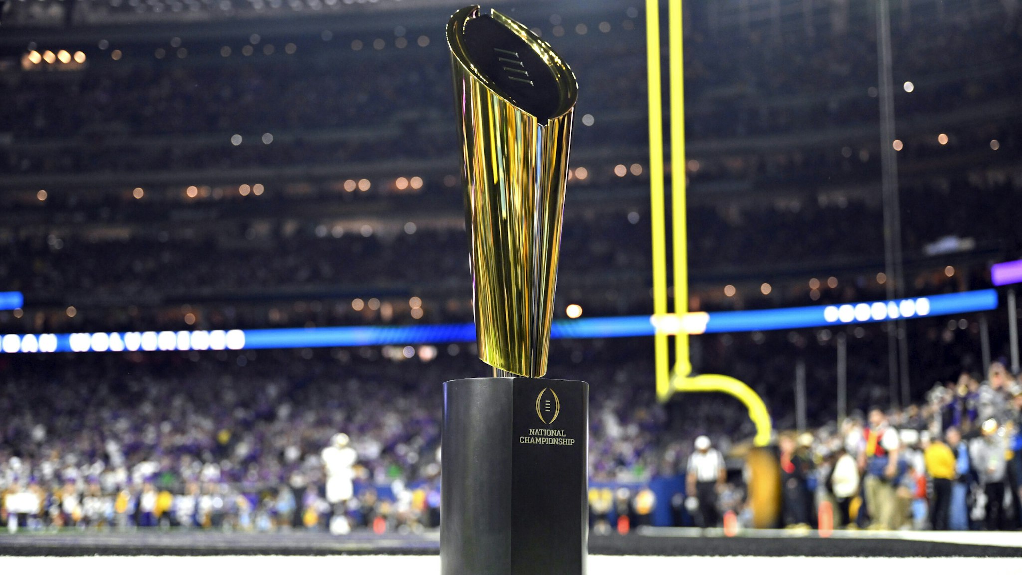HOUSTON, TEXAS - JANUARY 08: A view of the The College Football Playoff National Championship Trophy during the 2024 CFP National Championship game between the Michigan Wolverines and the Washington Huskies at NRG Stadium on January 08, 2024 in Houston, Texas. The Michigan Wolverines won 34-13.