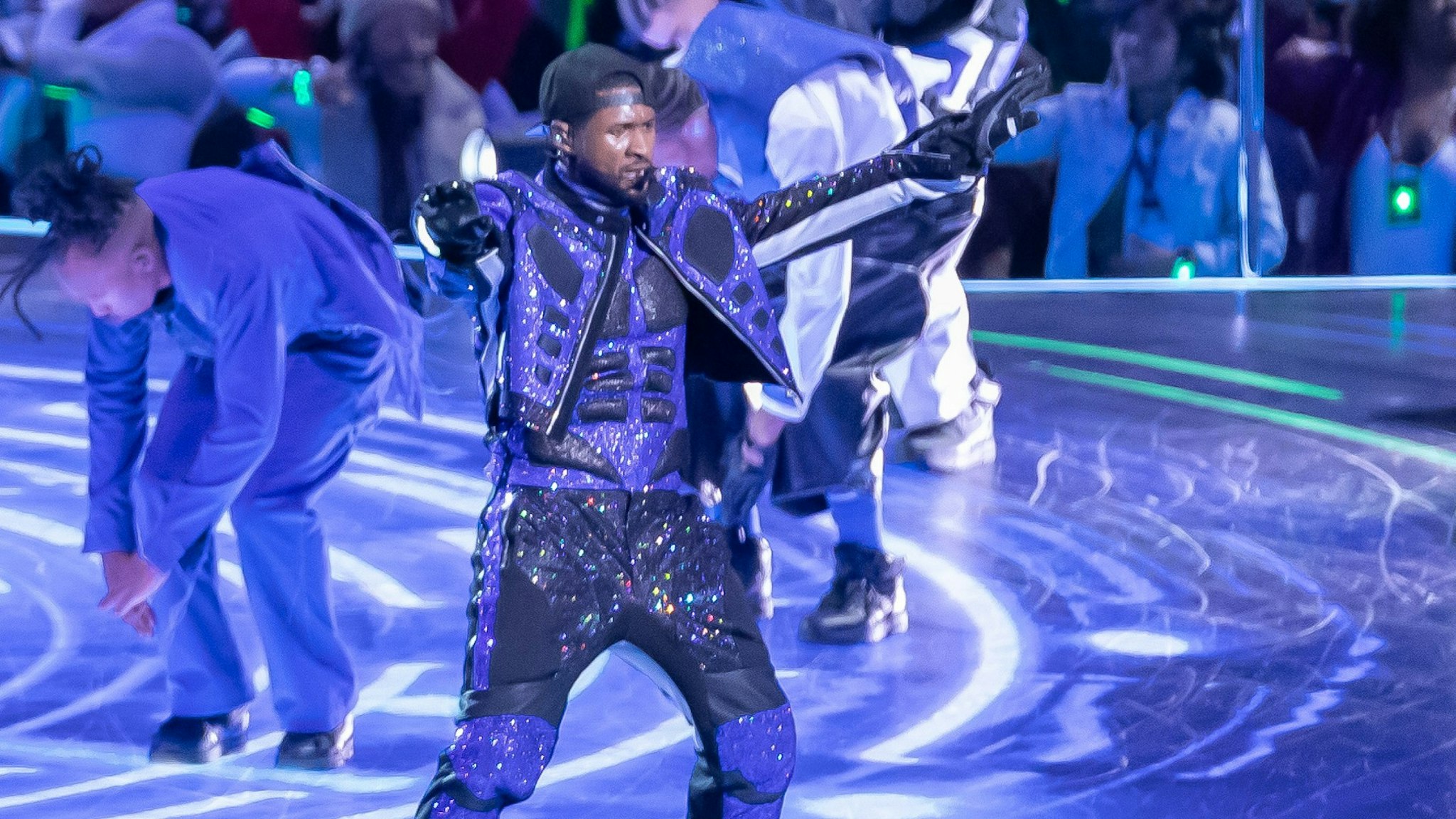 Usher performs during the Apple Music Super Bowl LVIII Halftime Show at Allegiant Stadium on February 11, 2024 in Las Vegas, Nevada.