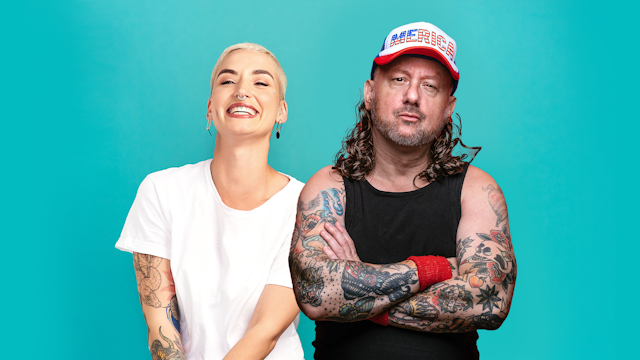 Studio shot of two happy young women posing together against a turquoise background PeopleImages. Getty Images. Studio photograph of Redneck man with tattoos and mullet wearing "Merica" baseball hat. With black tank top, on red background. From waist up.Ian Ross Pettigrew. Getty Images.