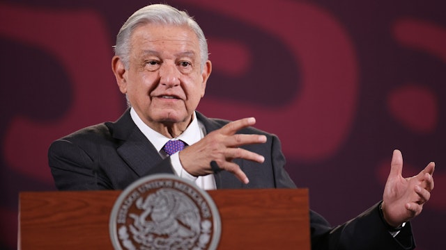 MEXICO CITY, MEXICO - MARCH 12: President of Mexico Andres Manuel Lopez Obrador speaks during the daily briefing at Palacio Nacional on March 12, 2024 in Mexico City, Mexico.