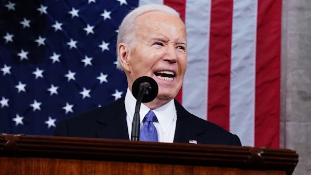 WASHINGTON, DC - MARCH 07: US President Joe Biden delivers his annual State of the Union address before a joint session of Congress in the House chamber at the Capital building on March 7, 2024 in Washington, DC. This is Biden's final address before the November general election.
