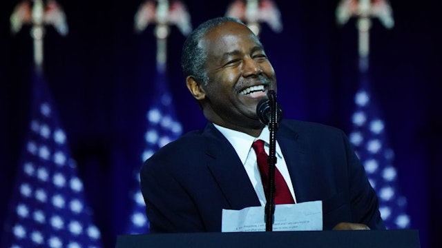 Ben Carson, secretary of Housing and Urban Development (HUD), speaks during a campaign event for U.S. President Donald Trump, not pictured, in Atlanta, Georgia, U.S., on Friday, Sept. 25, 2020. Trump appealed to Black Americans to help re-elect him, telling them in a speech Friday that Democrats -- whom African Americans are poised to overwhelmingly support in November -- take their votes for granted. Photographer: Elijah Nouvelage/Bloomberg