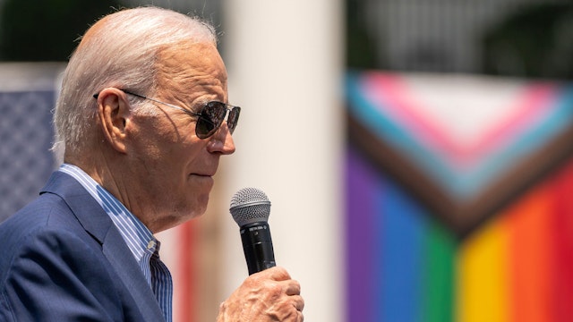 US President Joe Biden speaks during a Pride Month celebration event at the White House in Washington, DC, US, on Saturday, June 10, 2023. Biden this week announced new federal efforts designed to help LGBTQ youth and counter book bans following Republican efforts at the state and local level to pass laws targeting transgender Americans.