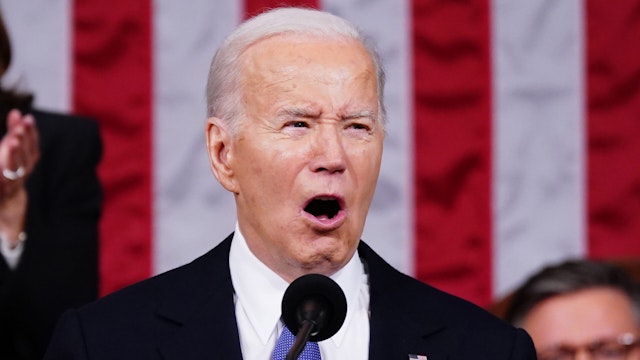 US President Joe Biden speaks during a State of the Union address at the US Capitol in Washington, DC, US, on Thursday, March 7, 2024. Election-year politics will increase the focus on Bidens remarks and lawmakers reactions, as hes stumping to the nation just months before voters will decide control of the House, Senate, and White House.