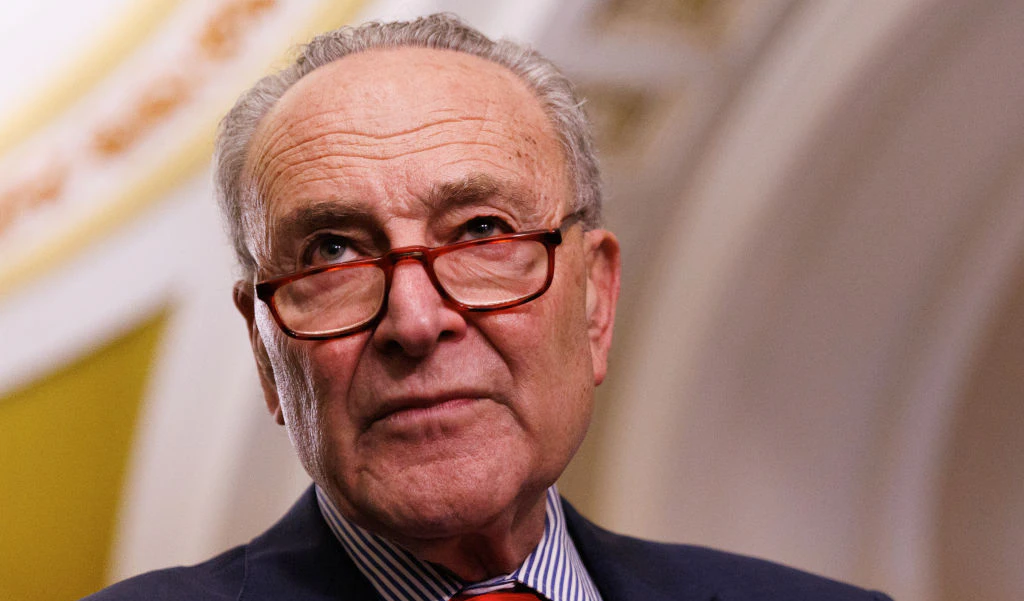 Senate Democratic Leader Chuck Schumer speaks to the media during a weekly press conference in the Capitol Building in Washington DC, on Tuesday, March 12, 2024. (Photo by Aaron Schwartz/NurPhoto via Getty Images)