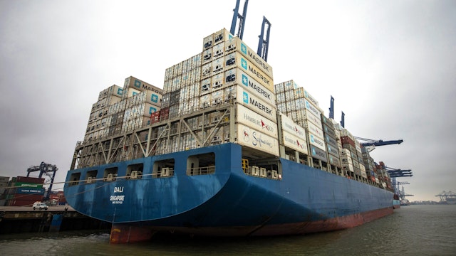 Shipping containers sit on board the Dali ship, operated by Maersk Line AS, at the Port of Felixstowe Ltd., a subsidiary of CK Hutchison Holdings Ltd., in Felixstowe, U.K., on Wednesday, Sept. 5, 2018. Britons face higher prices when buying from the European Union unless the government can secure a Brexit deal.