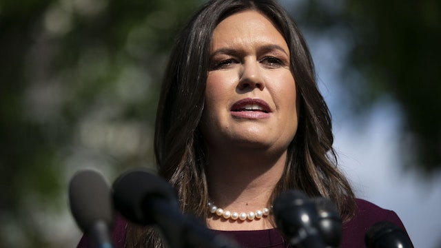 Sarah Huckabee Sanders, White House press secretary, speaks to members of the media outside the White House in Washington, D.C., U.S., on Thursday, May 2, 2019.