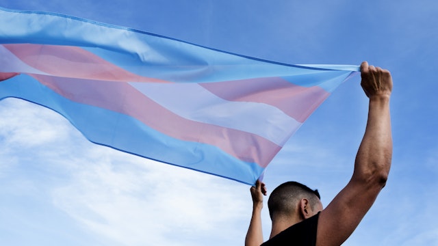 nito100. Getty Images. a young caucasian person, seen from behind, holding a transgender pride flag over his or her head against the blue sky