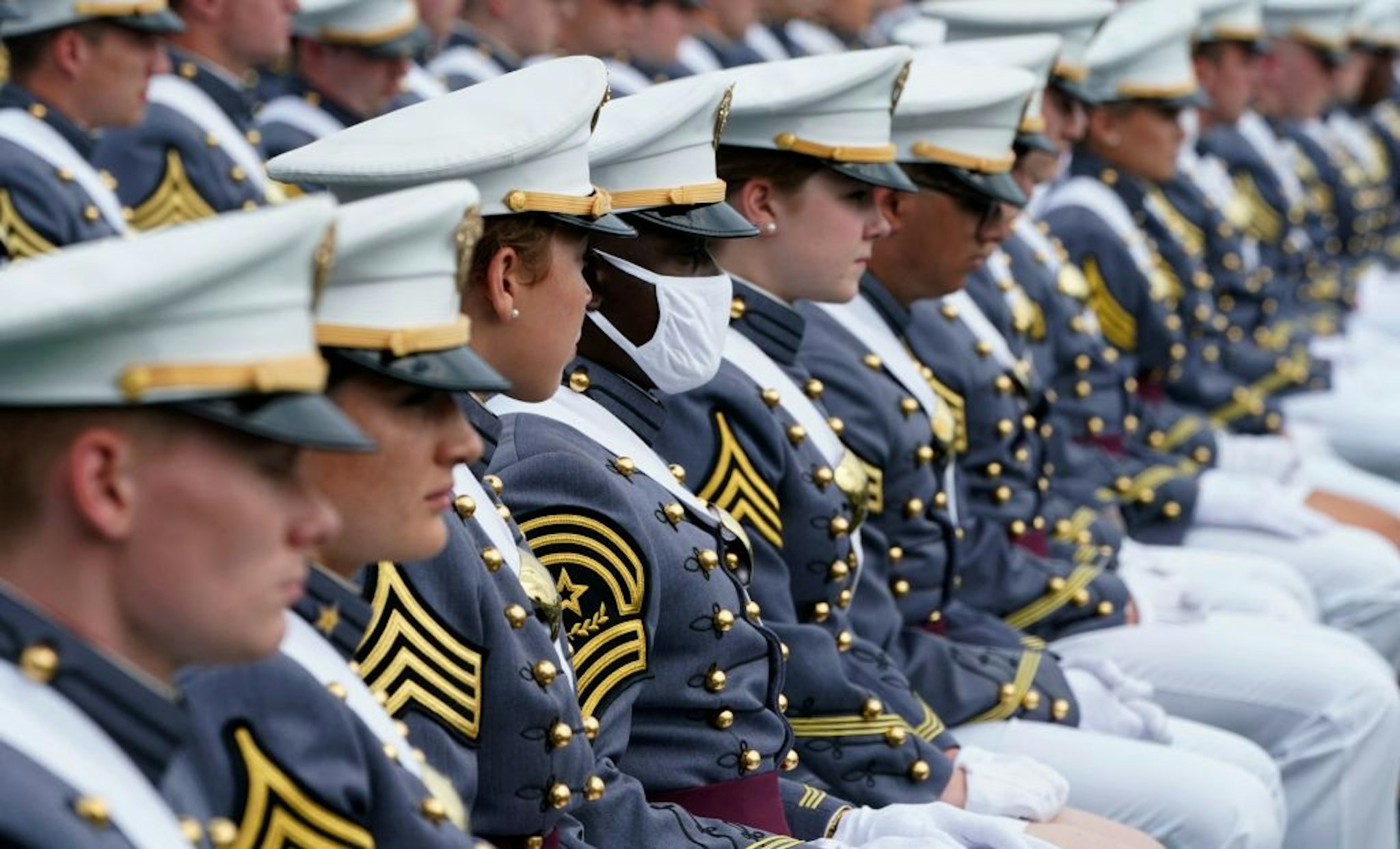 The Class of 2021 look on at the US Military Academy's Class of 2021 graduation ceremony at Michie Stadium West Point, New York on May 22,2021. (Photo by TIMOTHY A. CLARY / AFP) (Photo by TIMOTHY A. CLARY/AFP via Getty Images)