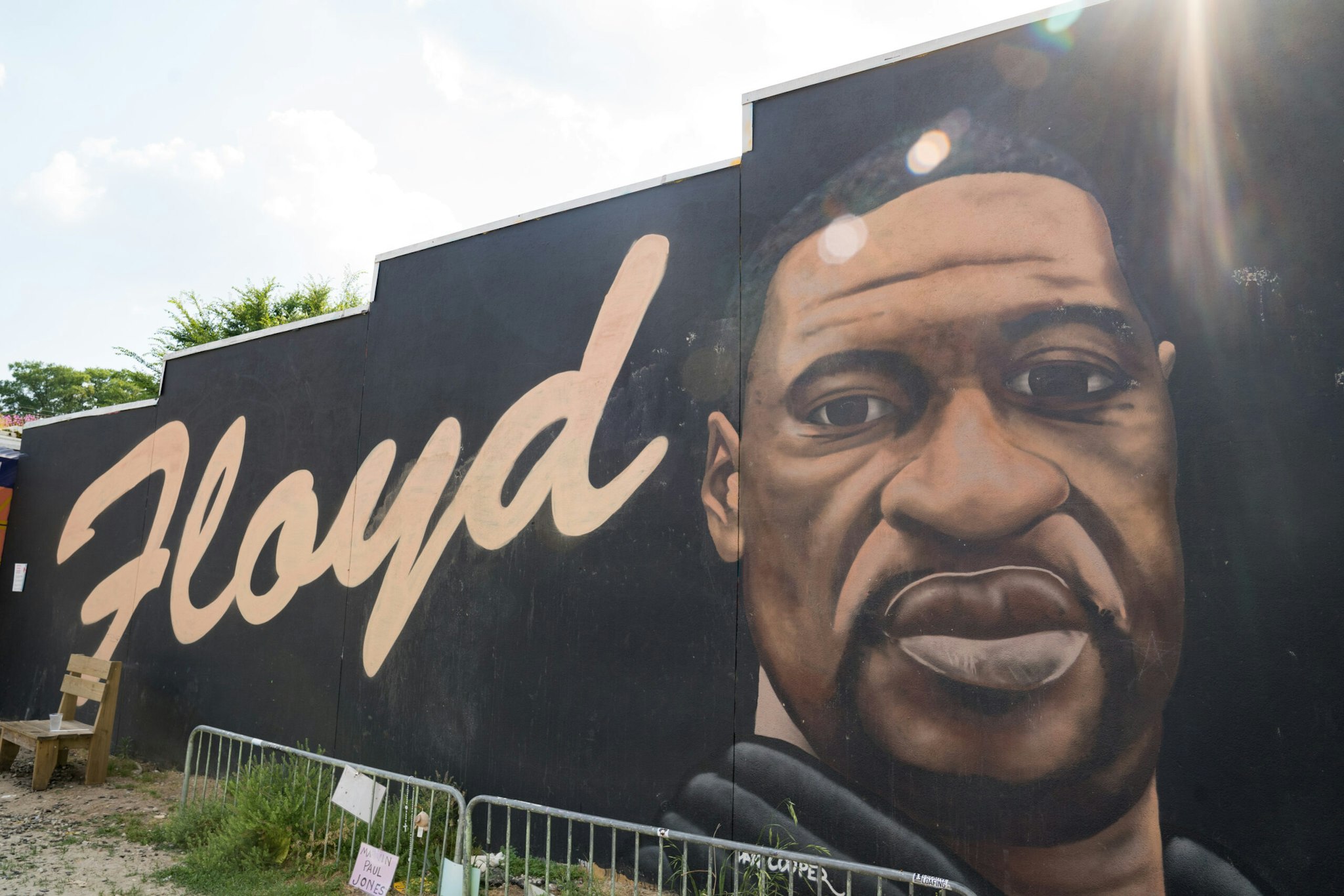 A mural of George Floyd painted downtown to memorialize the life of George Floyd is shown on the anniversary of his death on May 25, 2021 in Atlanta, Georgia.
