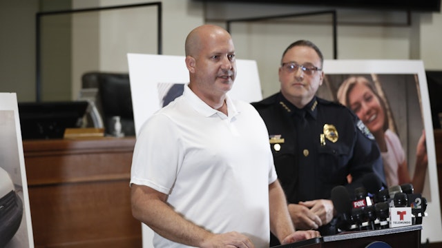 NORTH PORT, FL - SEPTEMBER 16: Joe Petito (L) pleas for help during a news conference to help finding his missing daughter Gabby Petito while City of North Port Chief of Police Todd Garrison stands with him at the podium on September 16, 2021 in North Port, Florida. Gabby Petito went missing while on a cross country trip with her boyfriend Brian Laundrie and has not been seen or heard from since late August. Police said no criminality is suspected at this time but her fiance, Brian Laundrie, has refused to speak with law enforcement. Laundrie has be identified as a person of interest but investigators are solely focused on finding Petito.
