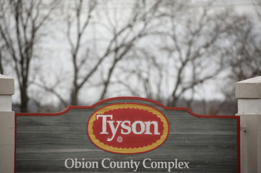 Signage outside a Tyson Foods Inc. plant in Union City, Tennessee, U.S., on Wednesday, Feb. 16, 2022. American poultry farmers were already struggling to boost production before deadly avian influenza started popping up for the first time in several years. Tyson said it was heightening biosecurity measures after the deadly bird flu strain was detected. Photographer: Luke Sharrett/Bloomberg via Getty Images