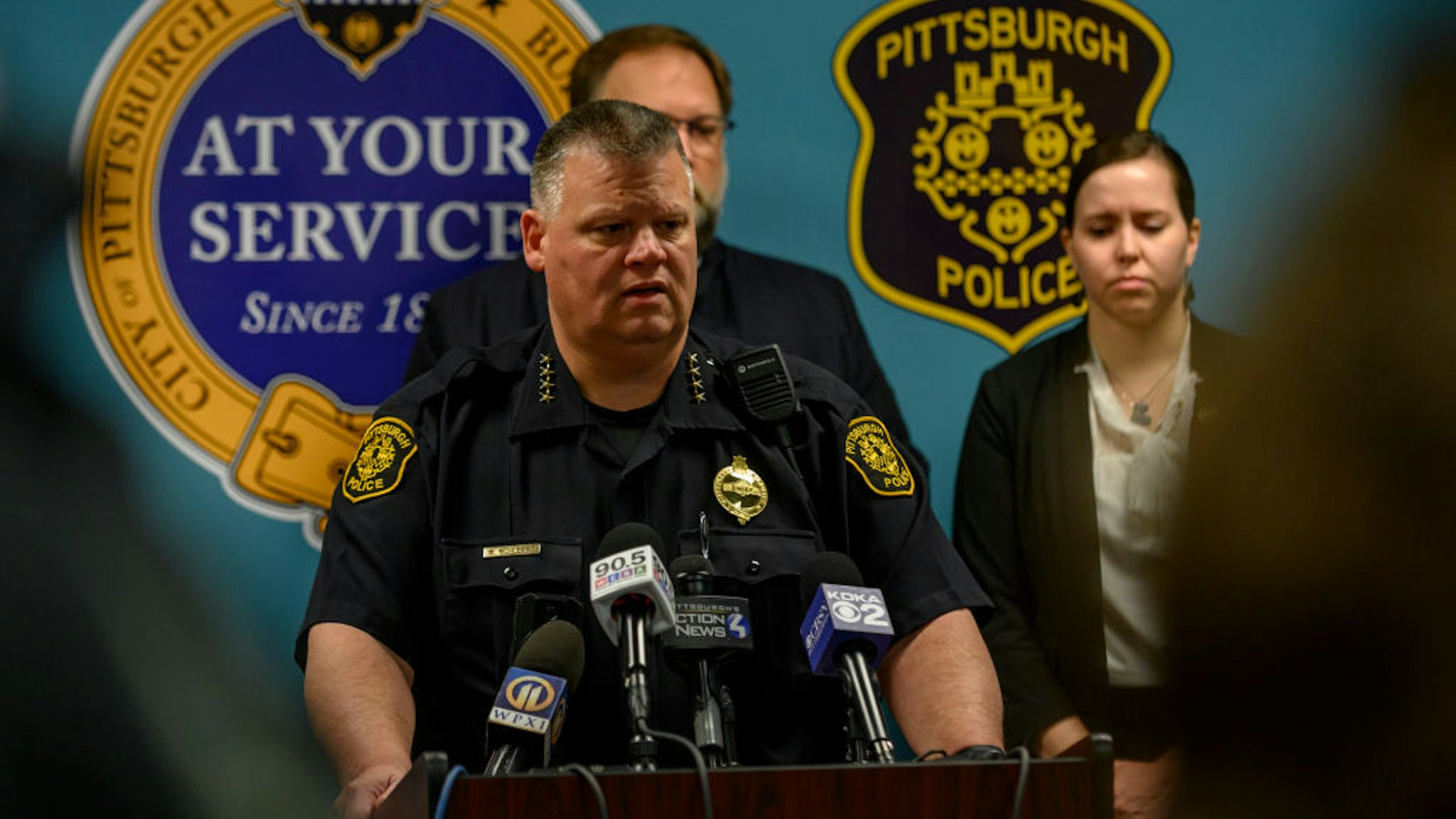PITTSBURGH, PA - APRIL 17: Pittsburgh Police Chief Scott Schubert describes the mayhem outside an Airbnb apartment rental along Suismon Street on April 17, 2022 in Pittsburgh, Pennsylvania. Last night, a shooting at a house party at the rental left two people dead and nine injured. (Photo by Jeff Swensen/Getty Images)