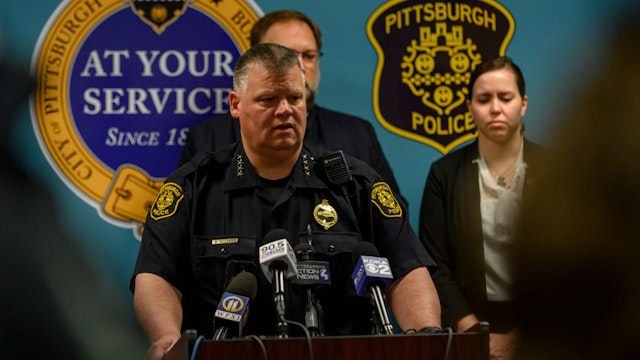 PITTSBURGH, PA - APRIL 17: Pittsburgh Police Chief Scott Schubert describes the mayhem outside an Airbnb apartment rental along Suismon Street on April 17, 2022 in Pittsburgh, Pennsylvania. Last night, a shooting at a house party at the rental left two people dead and nine injured. (Photo by Jeff Swensen/Getty Images)