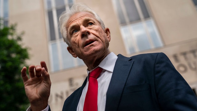 WASHINGTON, DC - JUNE 03: Former Trump White House Advisor Peter Navarro speaks to the media outside U.S. District Court on Friday, June 3, 2022 in Washington, DC. The former Trump aide was indicted by federal grand jury for contempt of Congress after he refused to cooperate with the House Committees investigation into the January 6 insurrection.